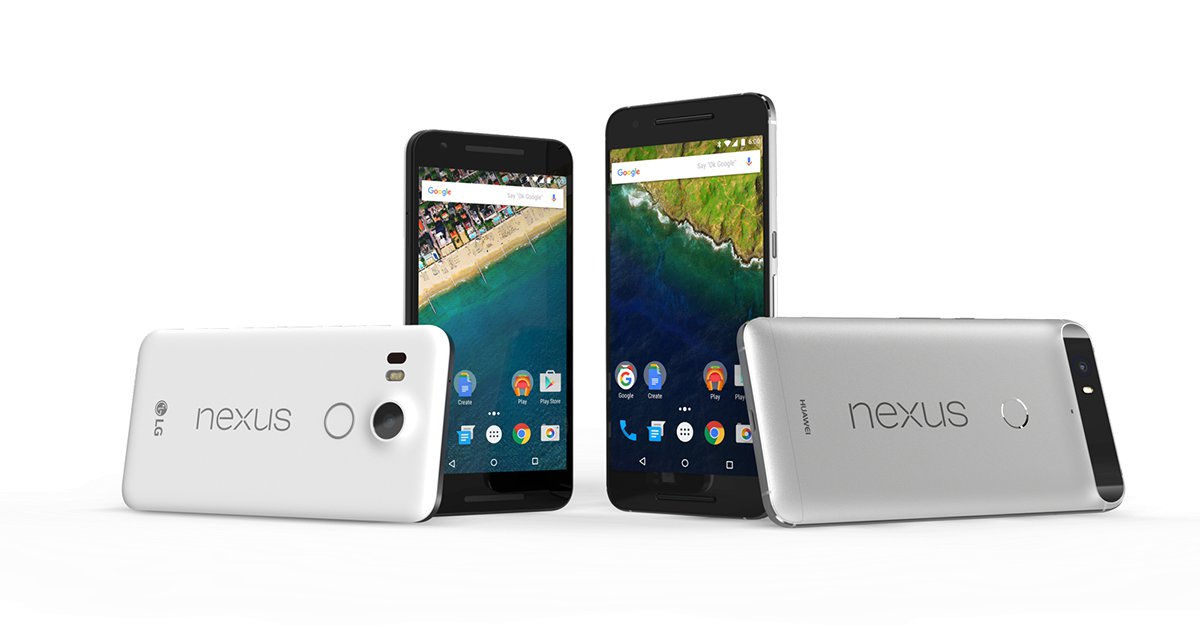 Two models of Nexus smartphones, an LG Nexus 5X and a Huawei Nexus 6P, displayed from both front and back.