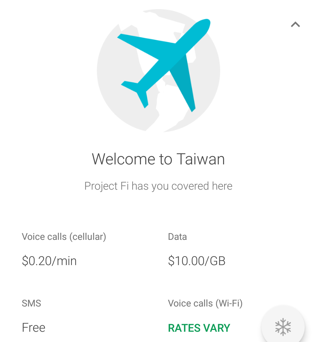 Screenshot of a Project Fi welcome screen showing "Welcome to Taiwan" and international roaming rates, with an airplane icon.