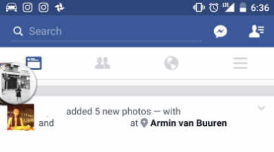 Mobile screenshot of the Facebook app showing a new photos post from Armin van Buuren.