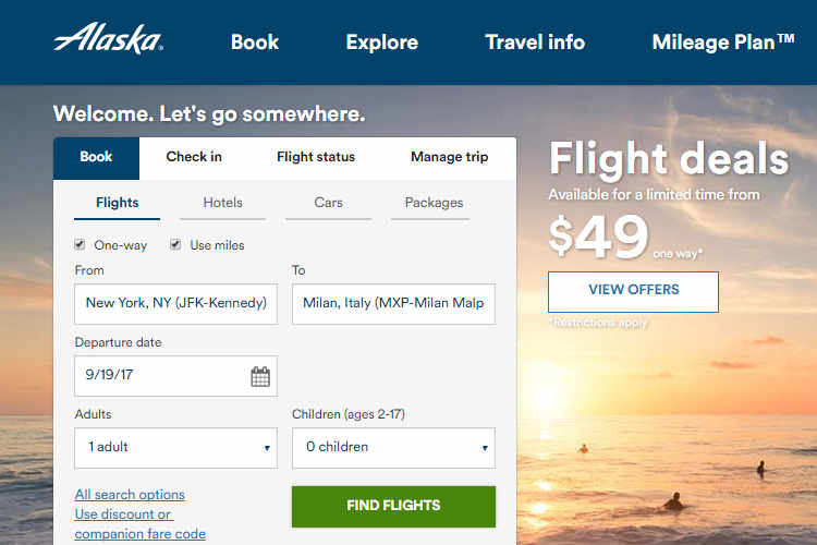 A screenshot of the Alaska Airlines flight search page showing a one-way award search from JFK to Milan for September 19, 2017.