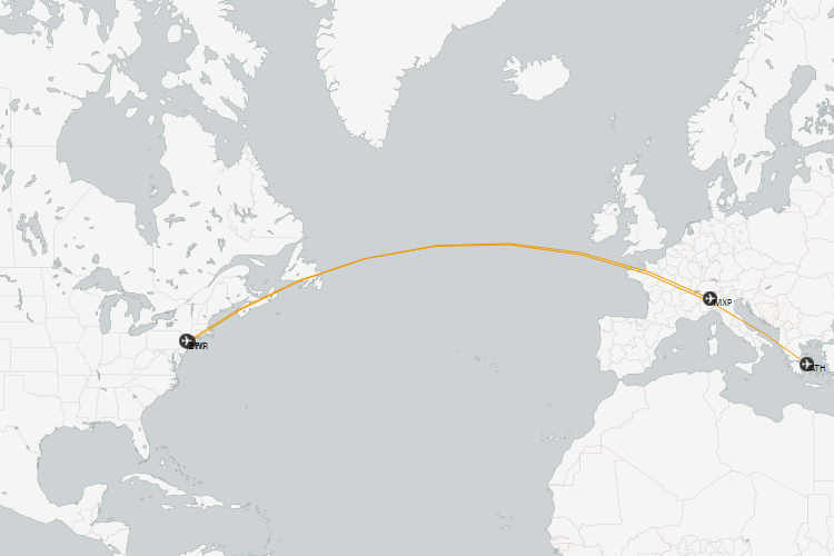 Map showing a flight route from Newark, USA, to Milan, Italy, and then to Athens, Greece.