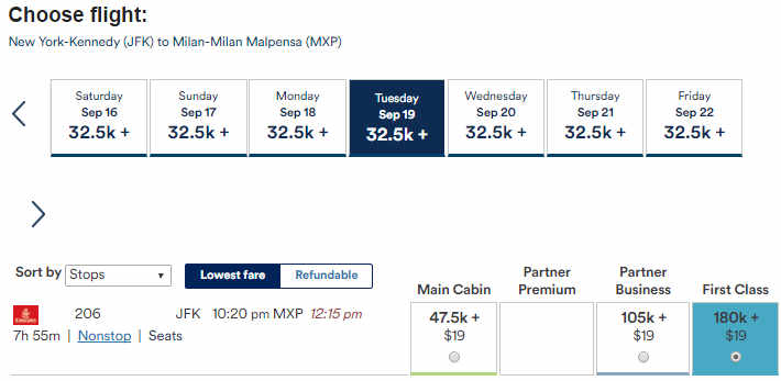 Flight search results show an Emirates First Class flight from JFK to Milan for 180,000 miles plus $19.