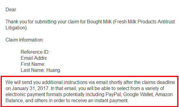 A claim confirmation for Fresh Milk Products Antitrust Litigation, highlighting future electronic payment options.