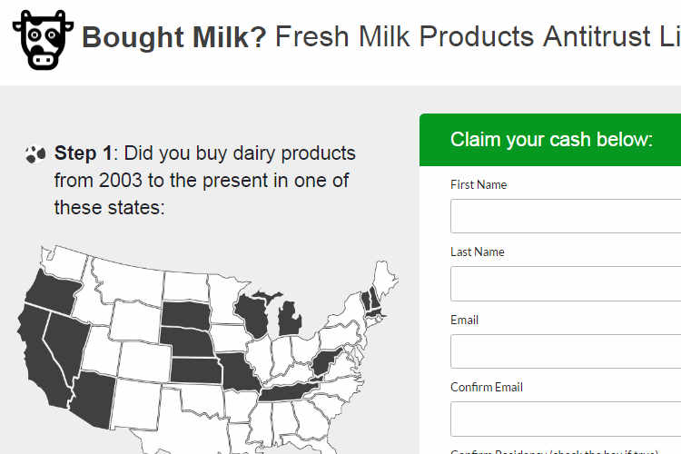A webpage featuring a map of the US with states highlighted for a milk antitrust settlement claim form.
