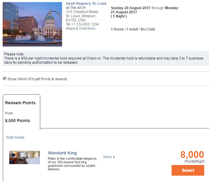 A Hyatt hotel booking for the 2017 solar eclipse in St. Louis showing a room available for 8,000 points per night.