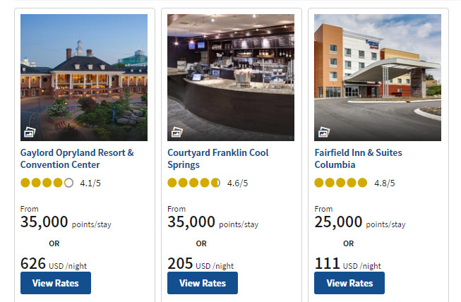 Hotel listings displaying points and cash prices per night.