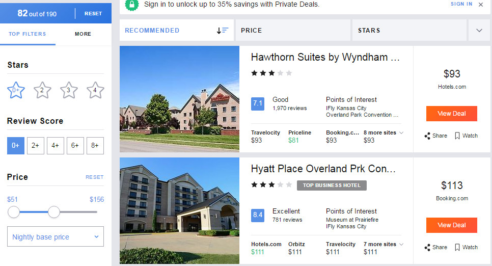 A hotel search interface showing filters for star rating, review score, and price, with two hotel listings.