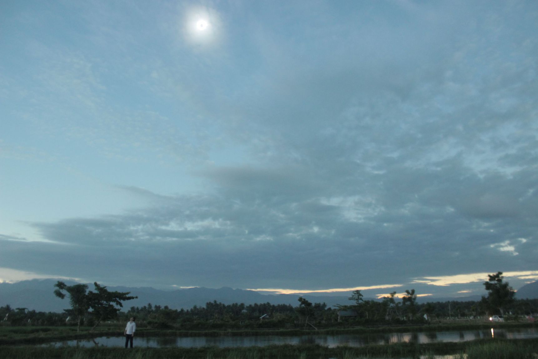 A bright solar eclipse is visible through a cloudy sky over a landscape with a person and fields.