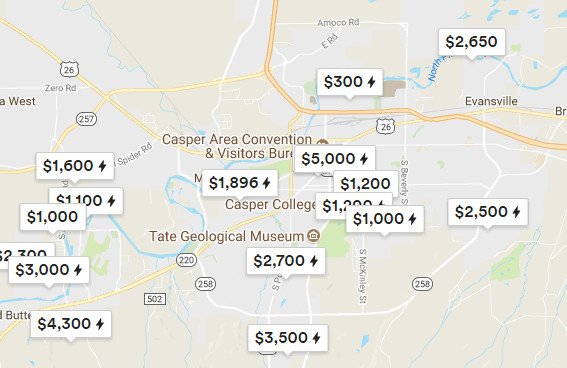 Map of Casper, Wyoming showing hotel prices from $300 to $5,000, many with a lightning bolt icon.