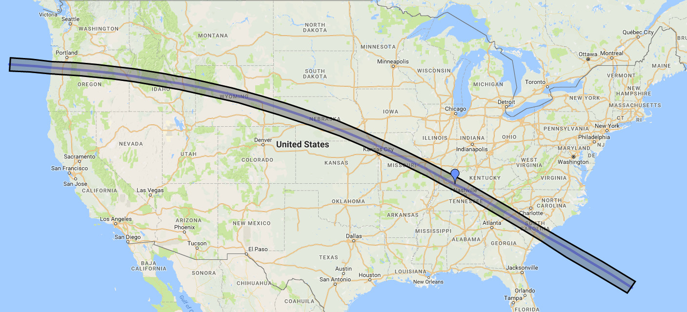 Map of the United States showing the path of the 2017 total solar eclipse.