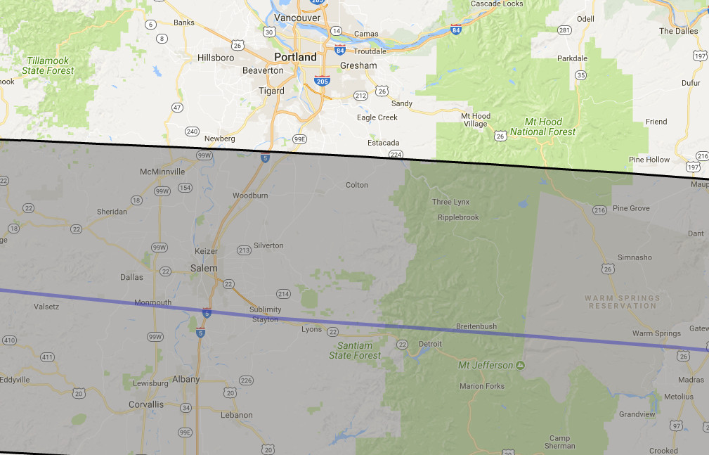 Map of Oregon showing Portland and the 2017 solar eclipse path of totality through Salem.