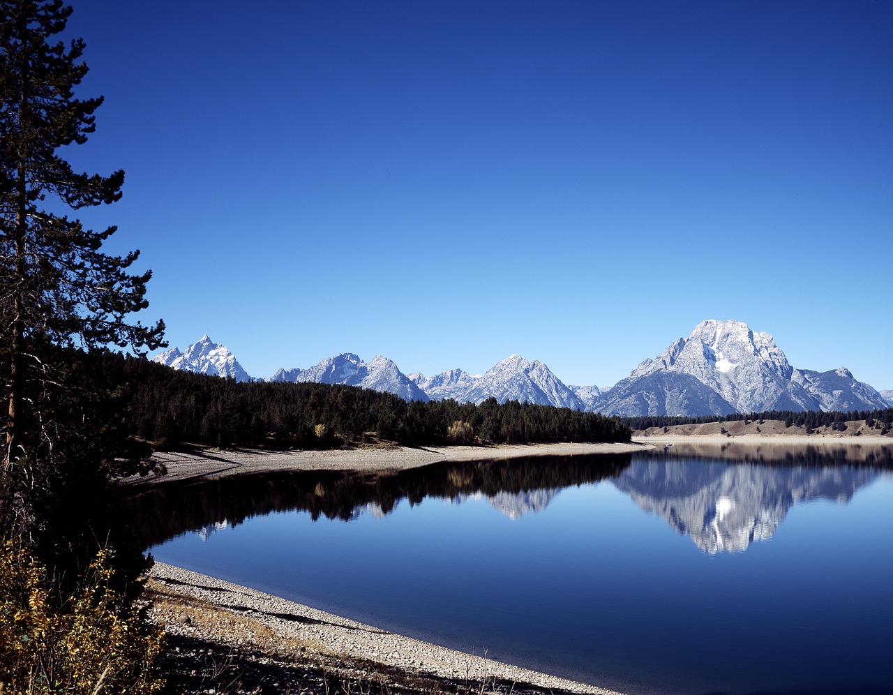 Snow-capped mountains reflect in a calm lake bordered by a forest under a clear blue sky.