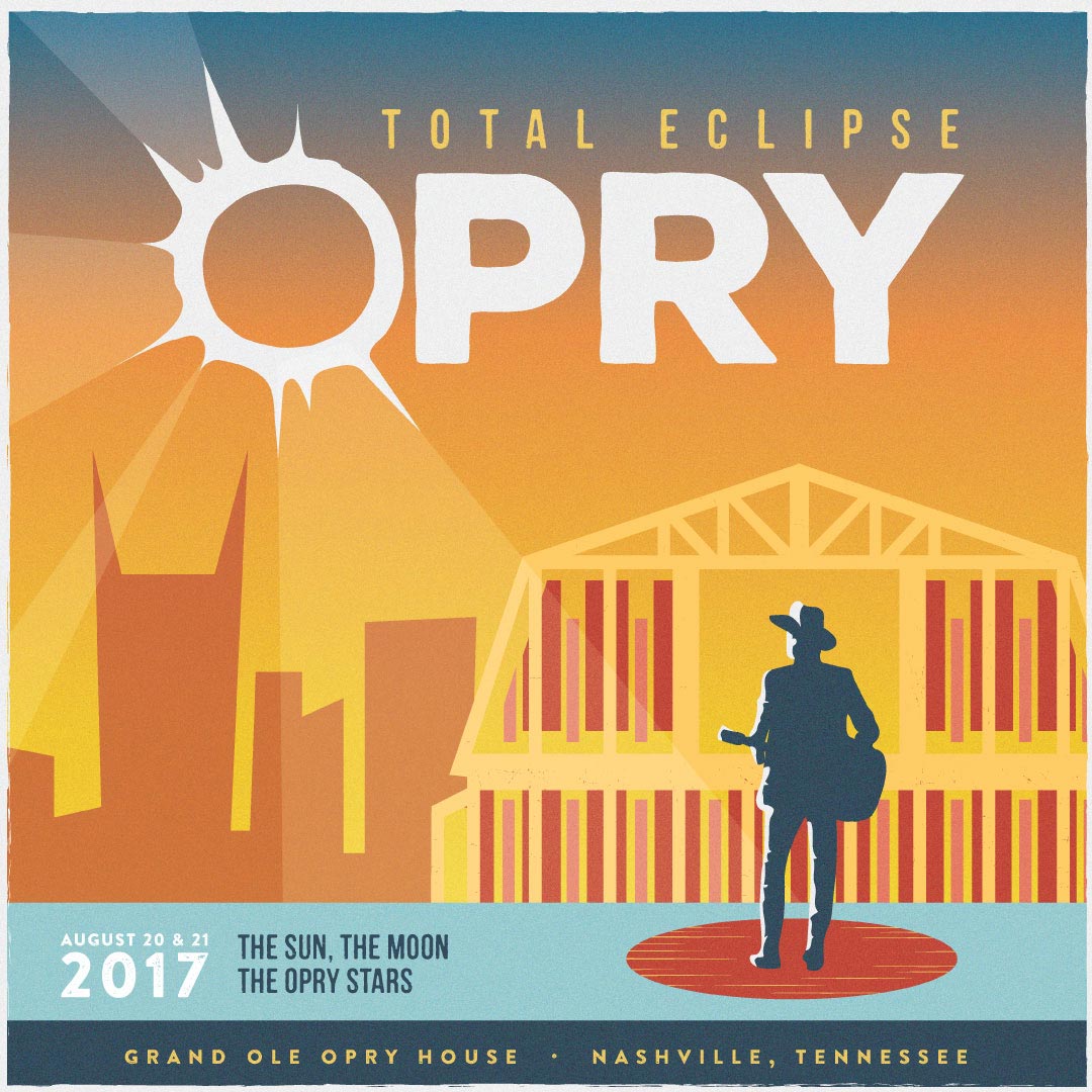 A retro-style poster for the "Total Eclipse Opry" in Nashville, Tennessee, showing a solar eclipse, city skyline, and a guitarist in front of the Grand Ole Opry House.