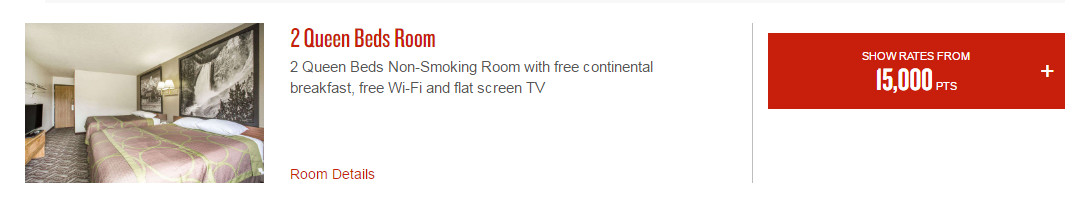 Hotel room with two queen beds, available for 15,000 points.