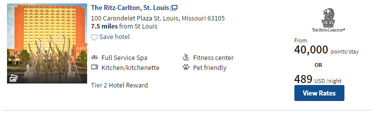The Ritz-Carlton, St. Louis hotel listing showing prices of 40,000 points or $489 per night.