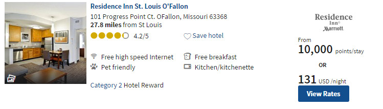 Hotel listing for Residence Inn St. Louis O'Fallon showing rates of 10,000 points or $131 per night.