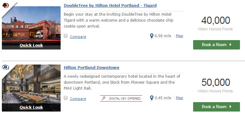 Screenshot of Hilton hotel options with their point costs displayed.