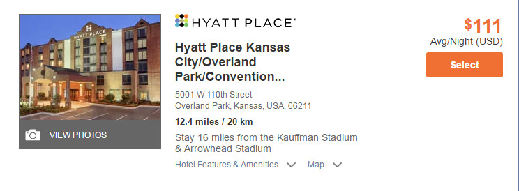 Hotel listing for Hyatt Place Kansas City/Overland Park with a $111 average nightly rate.