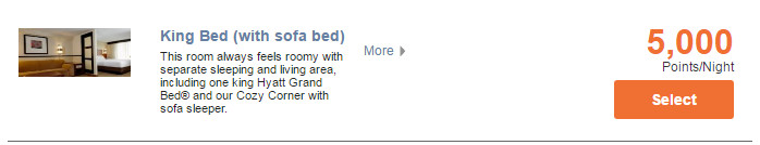 Hotel room listing for a King Bed with sofa bed, 5,000 points per night.
